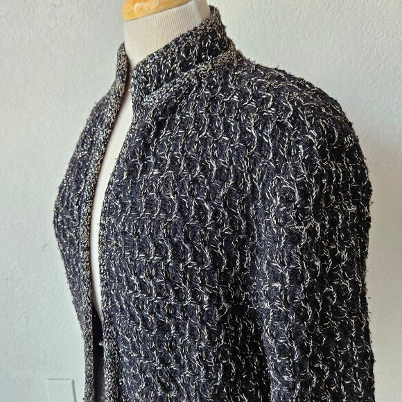 Vintage 70s 80s Black Acrylic KNit Open Front Cardigan Lurex Golden Silver M/L - Picture 4 of 7